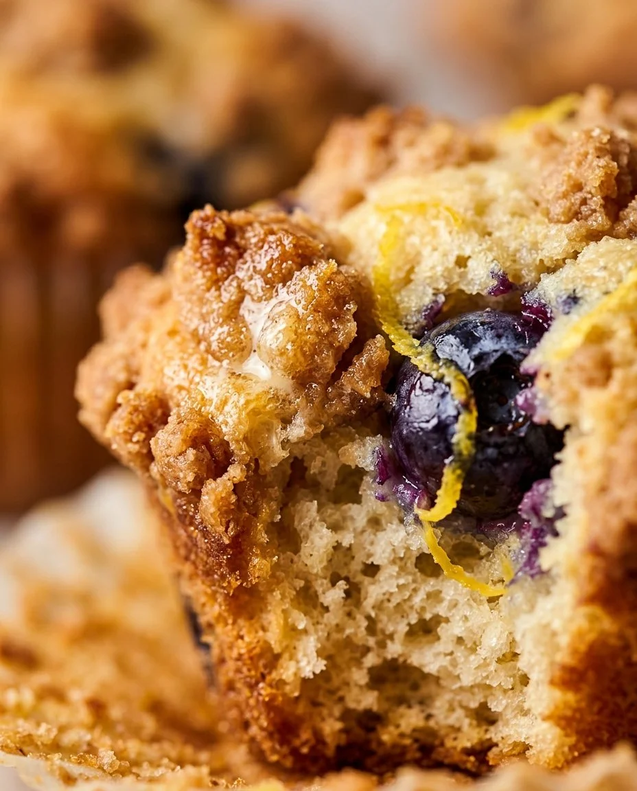 Blueberry lemon muffins topped with crunchy streusel, fresh out of the oven