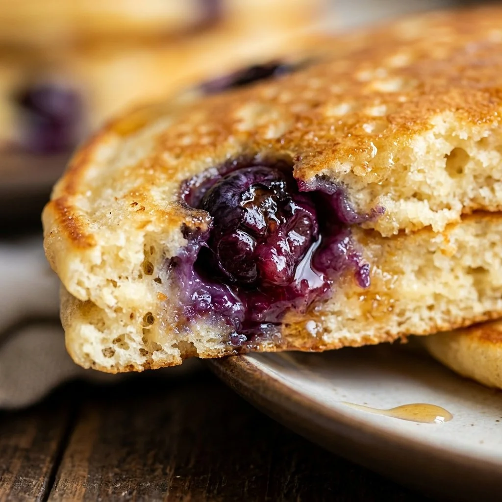 Stack of fluffy blueberry pancakes topped with fresh berries and syrup.