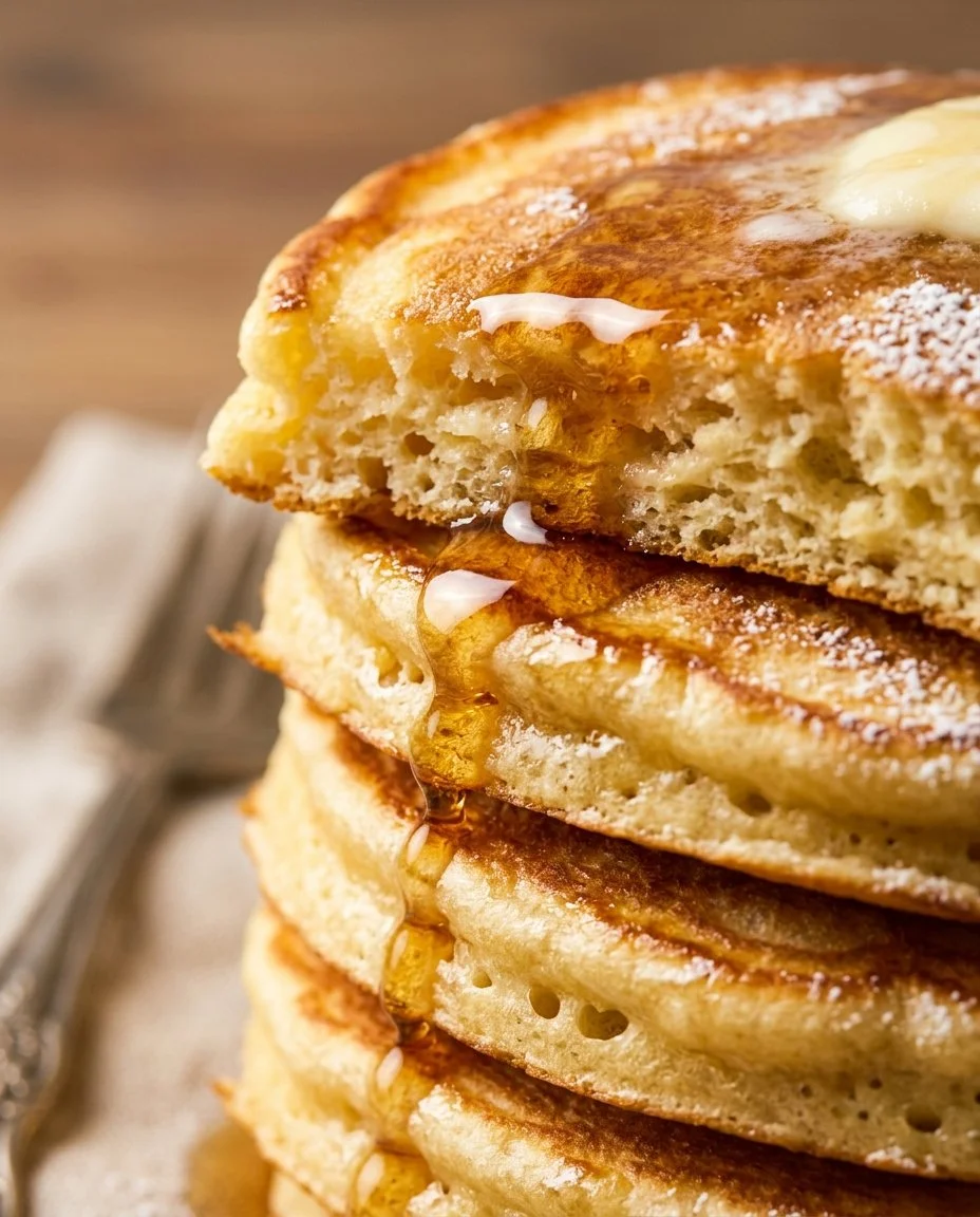 Fluffy buttermilk pancakes stacked on a plate with syrup and berries