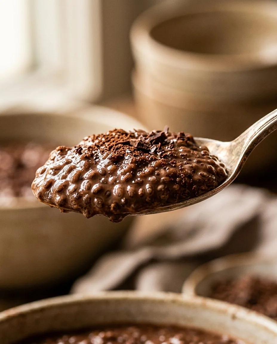 Delicious chia pudding topped with dark chocolate, healthy dessert option.