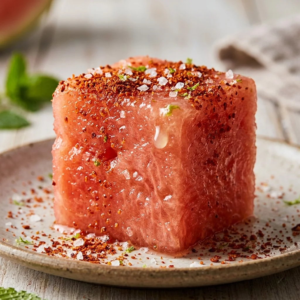 Chili lime watermelon cubes served on a plate