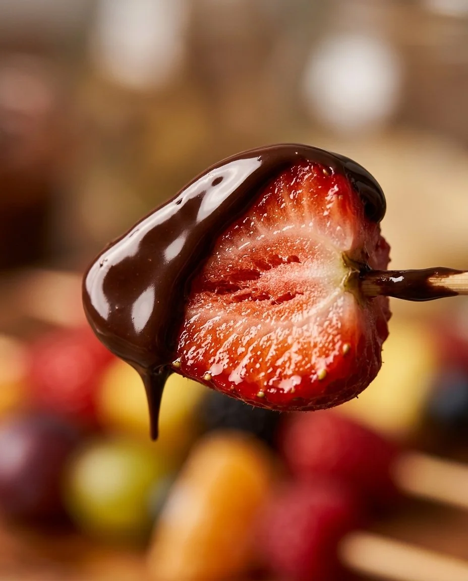 Delicious chocolate-drizzled fruit skewers arranged on a platter