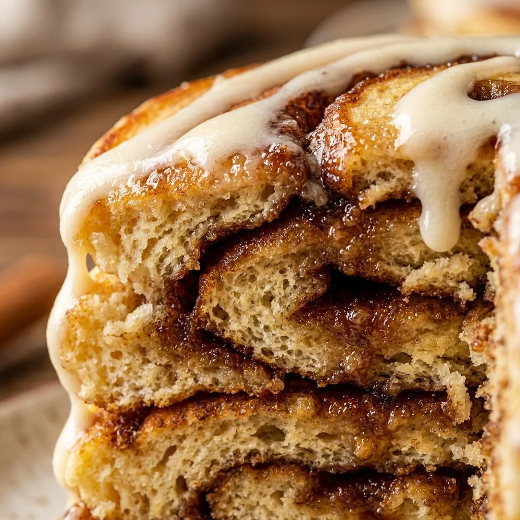 Cinnamon roll pancakes stacked and drizzled with icing on a plate.
