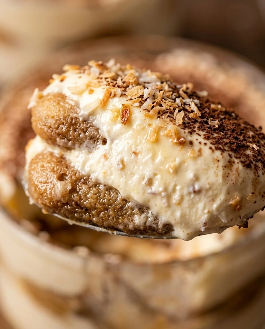 Delicious Coconut Rum Tiramisu presented in a dessert dish