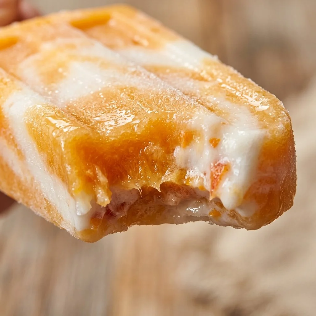 Creamy Coconut Peach Popsicles served on a wooden table