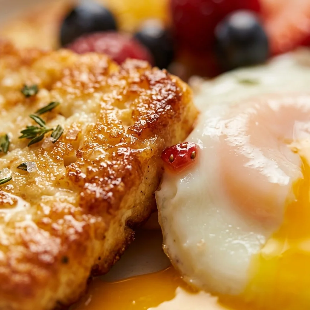Crispy feta eggs served with fresh sweet berries on a plate