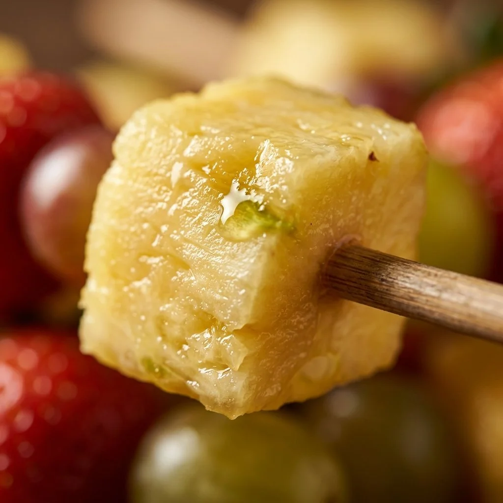 Colorful and cute fruit kabobs arranged on skewers for a fun snack.