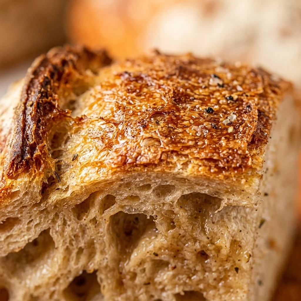 Loaf of easy beef broth bread fresh out of the oven, golden and crusty.