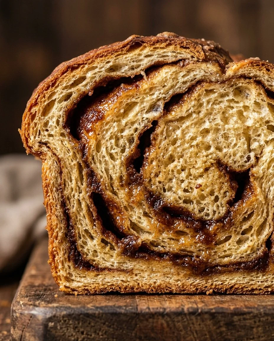 A slice of homemade cinnamon bread on a wooden table.