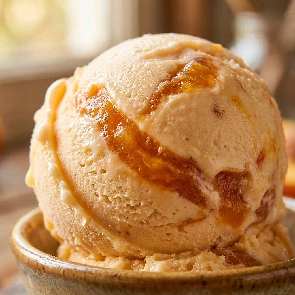 Homemade no-churn peach ice cream served in a bowl with fresh peaches.
