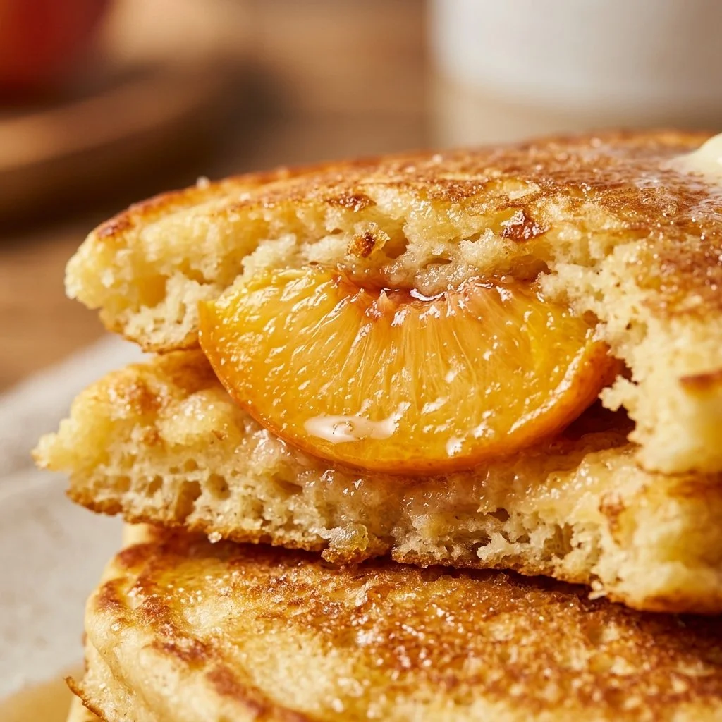 Delicious peach pancakes topped with fresh slices of peach and syrup