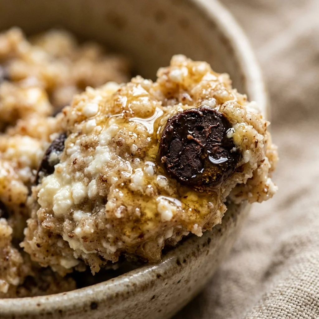 Delicious edible cottage cheese cookie dough in a bowl with chocolate chips.
