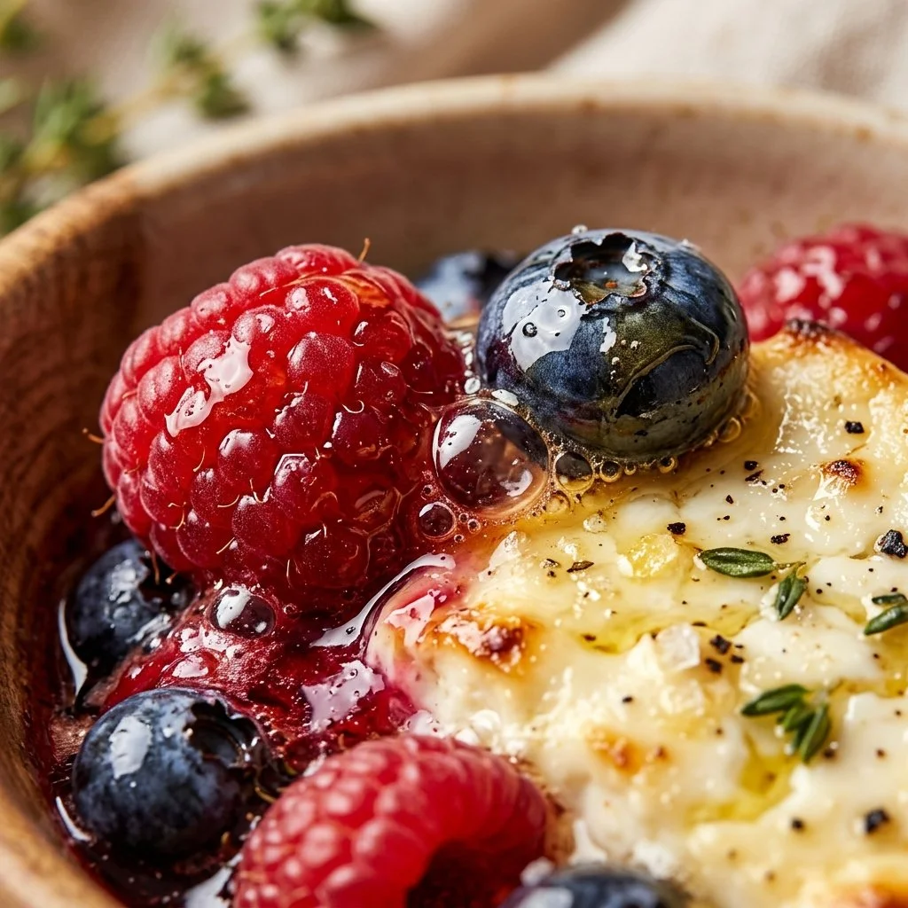 Feta-Topped Baked Berries dish with fresh berries and crumbled feta cheese