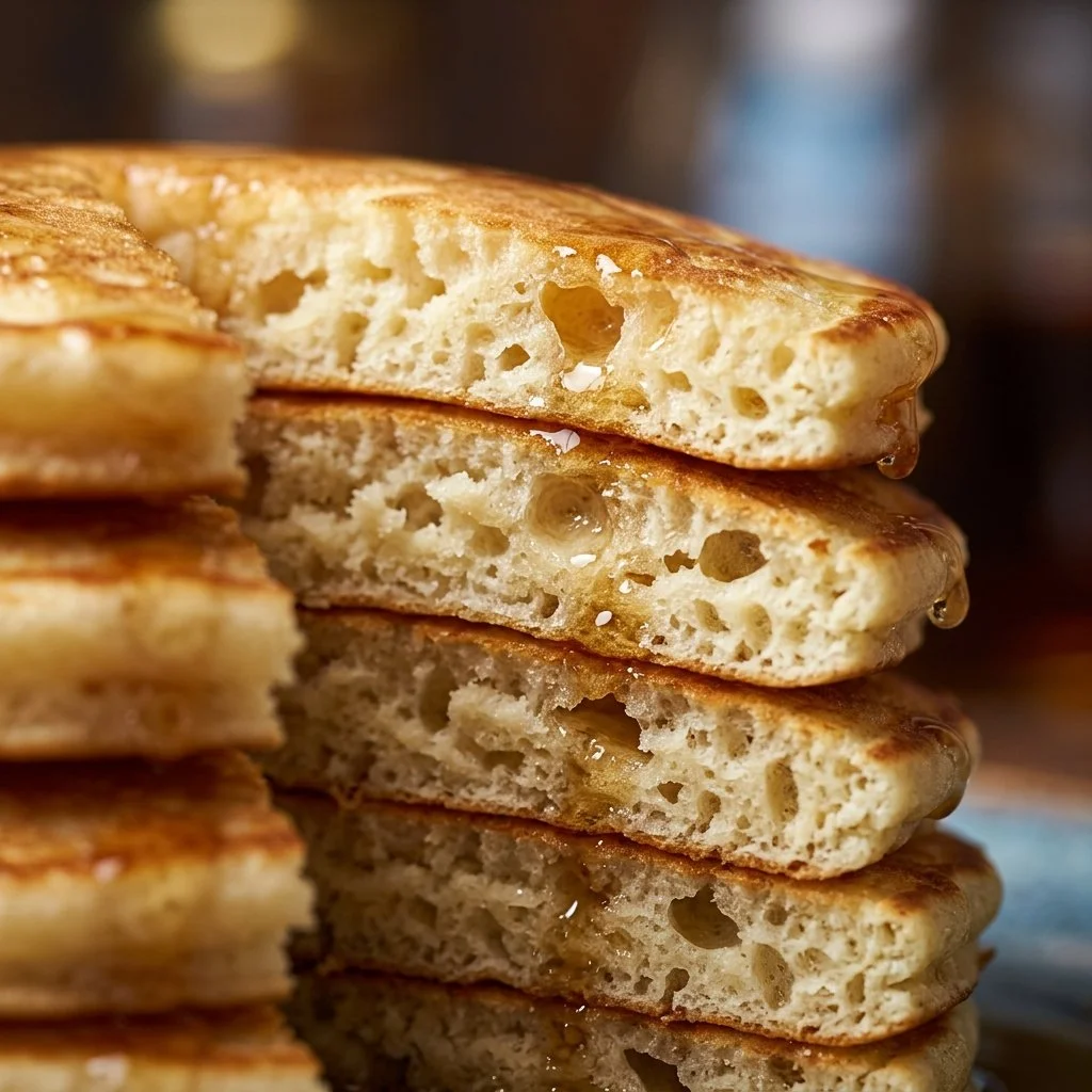 Delicious fluffy pancakes stacked with syrup and berries