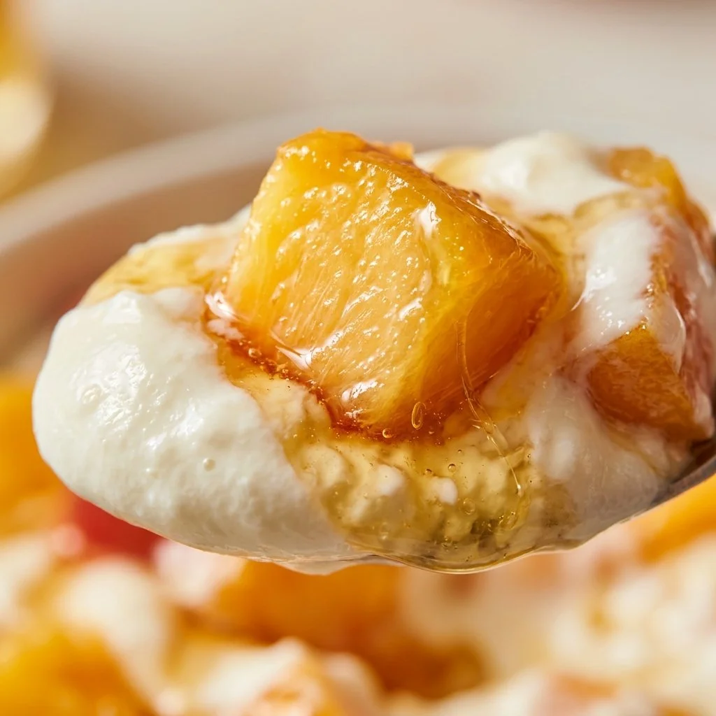 Delicious frozen peach yogurt bark topped with fresh peach slices and nuts