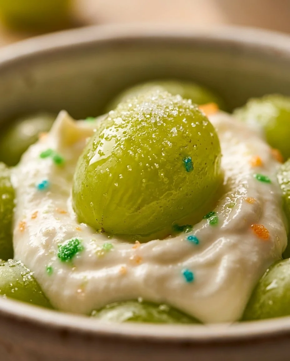 Frozen yogurt covered grapes topped with colorful sour candy.