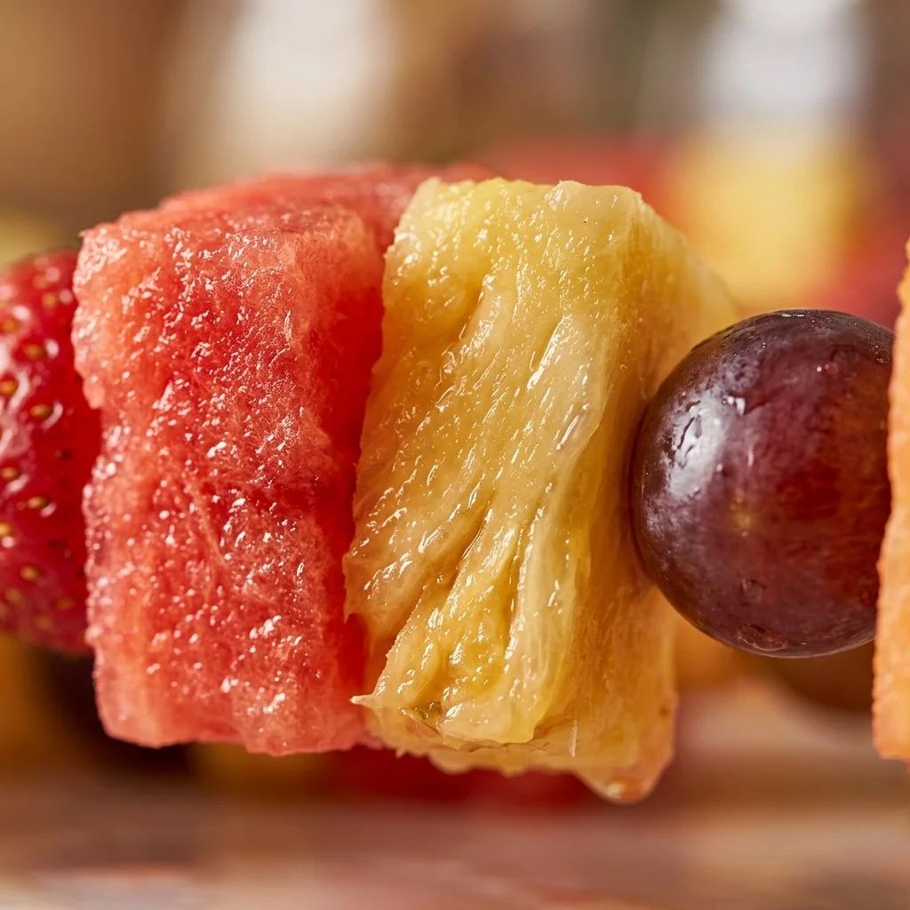 Colorful watermelon star kabobs displayed on a party platter