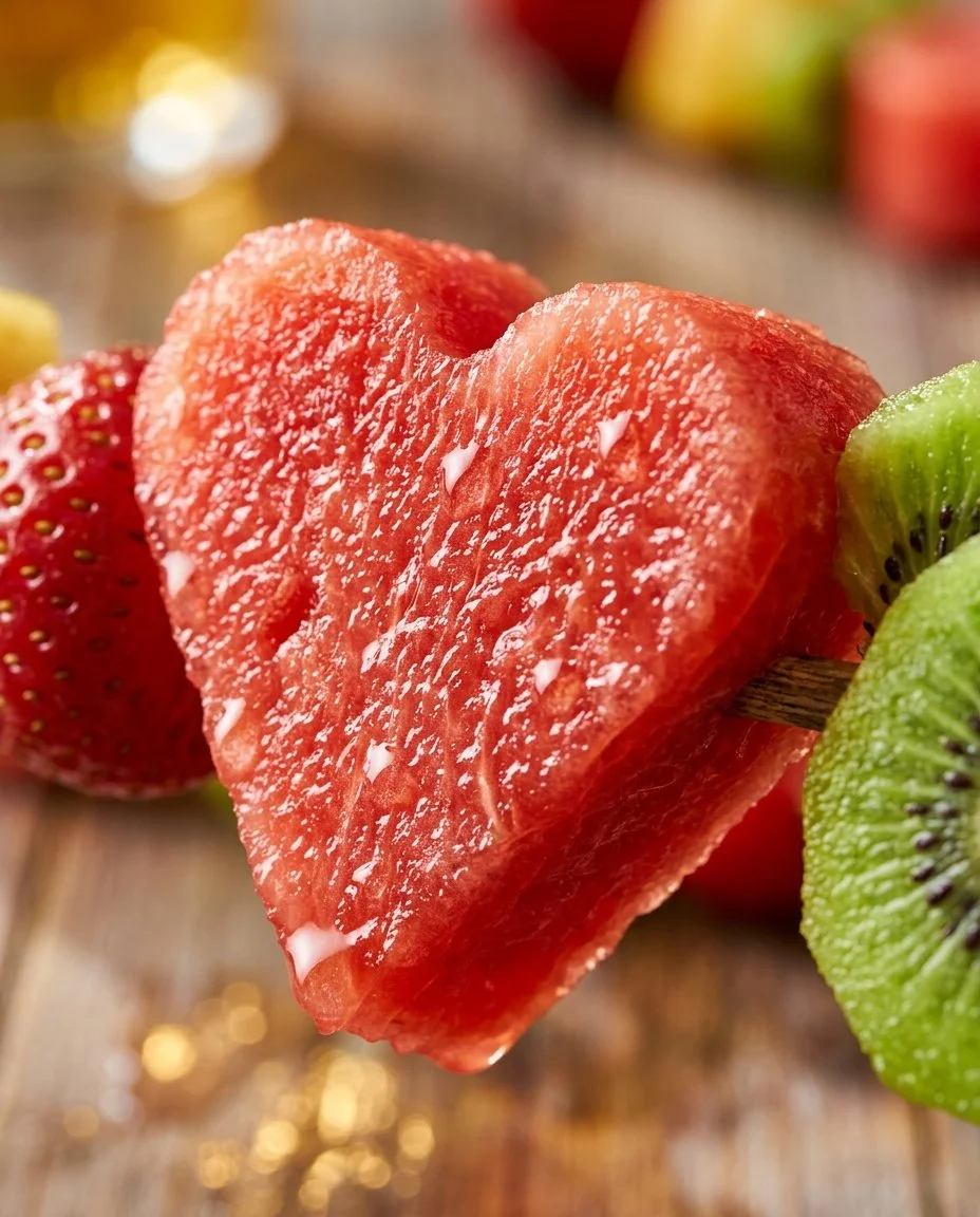 Colorful fruit kabobs with cute watermelon shapes on skewers.
