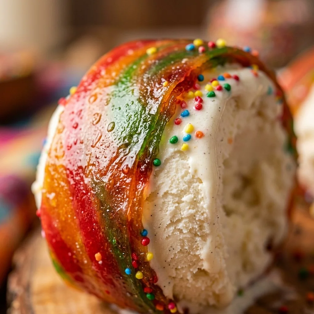 Fruit Roll-Up inspired ice cream hack recipe with colorful rolls and ice cream.