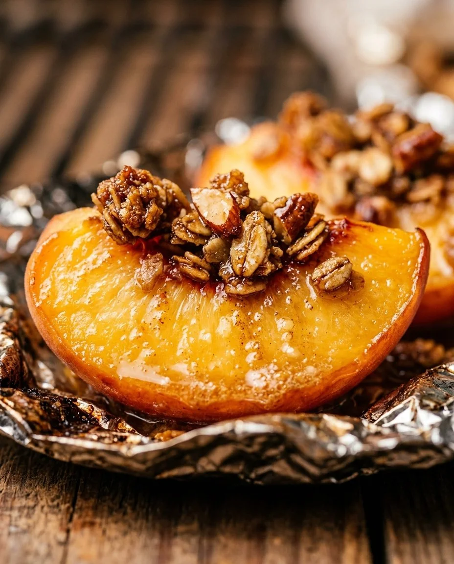 Delicious grilled peach crisp in foil packets, ideal for summer desserts.
