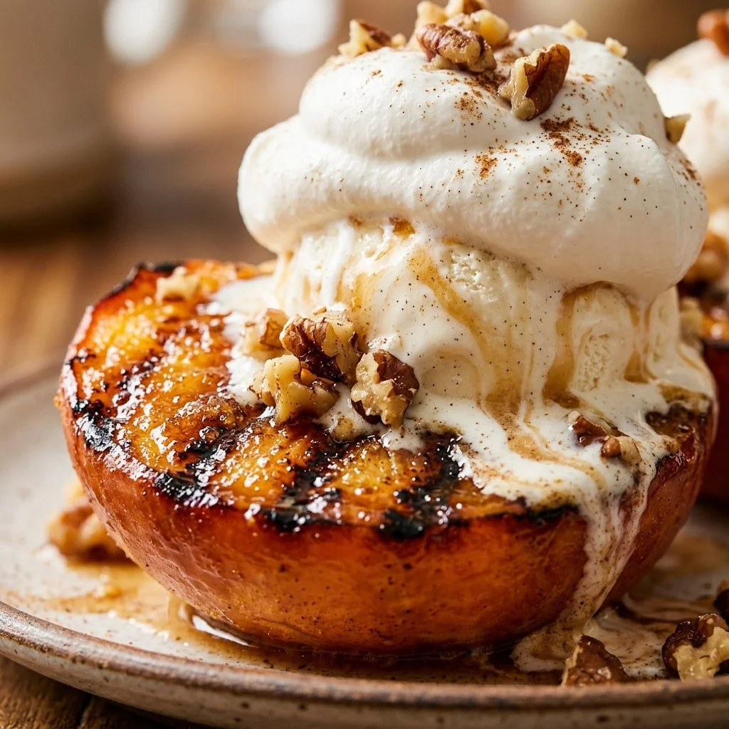 Delicious grilled peach sundae topped with ice cream and caramel sauce
