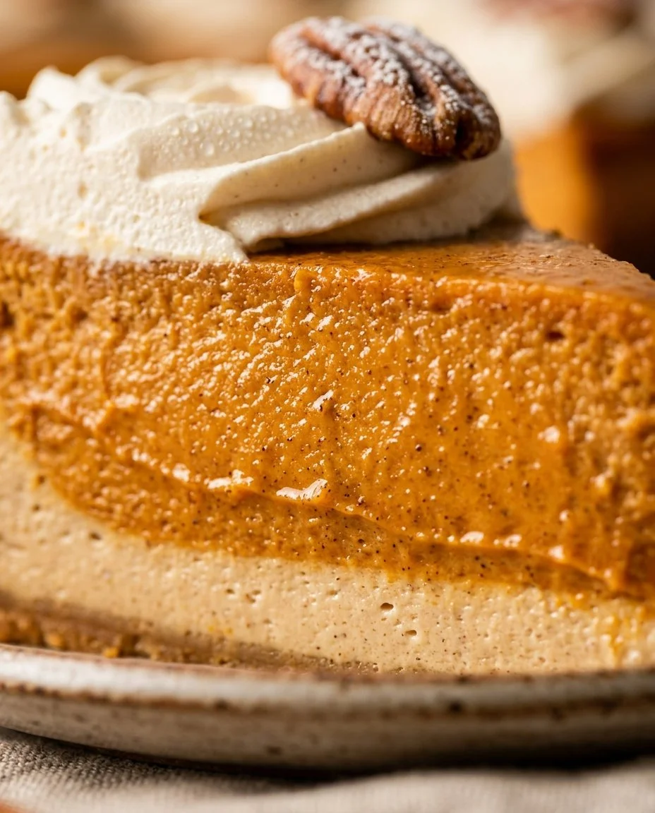 Healthy protein-packed pumpkin cheesecake slice garnished with whipped cream and spices