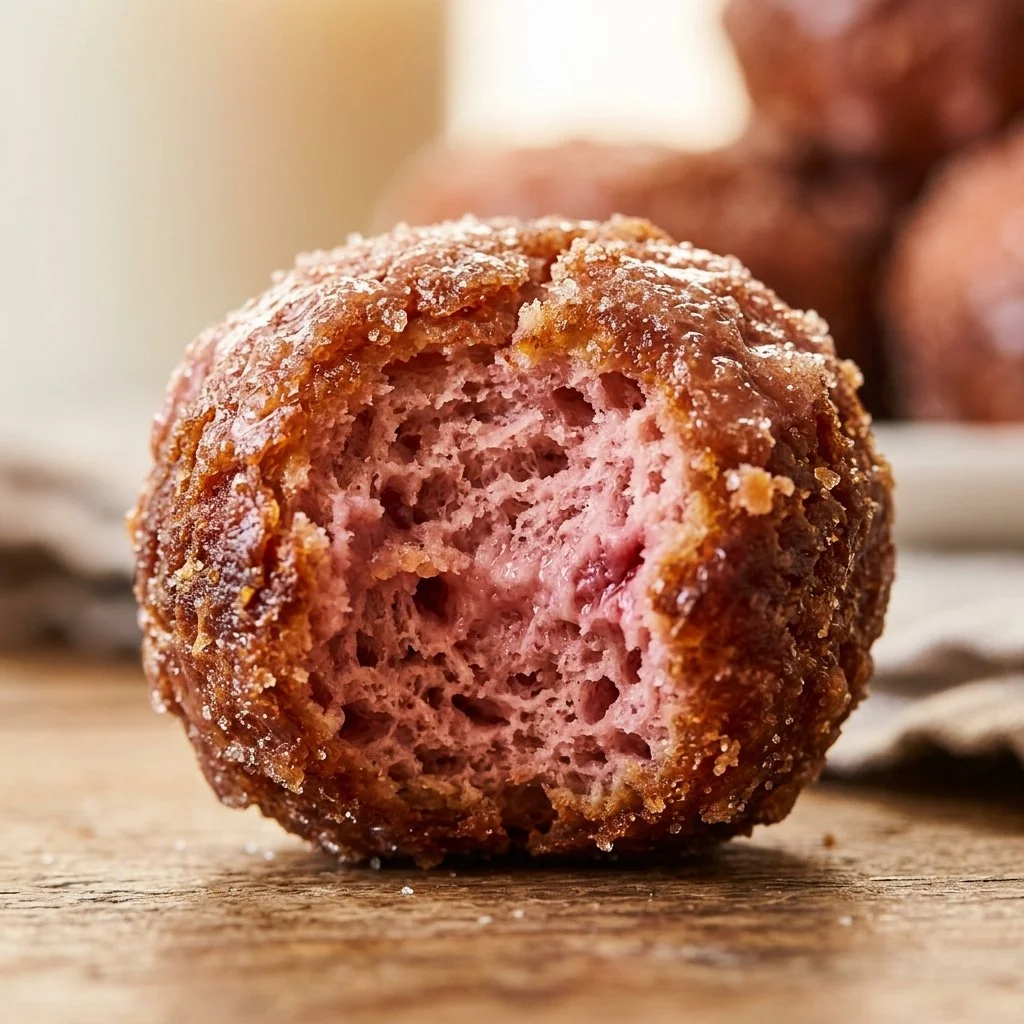Homemade strawberry donut holes dusted with powdered sugar