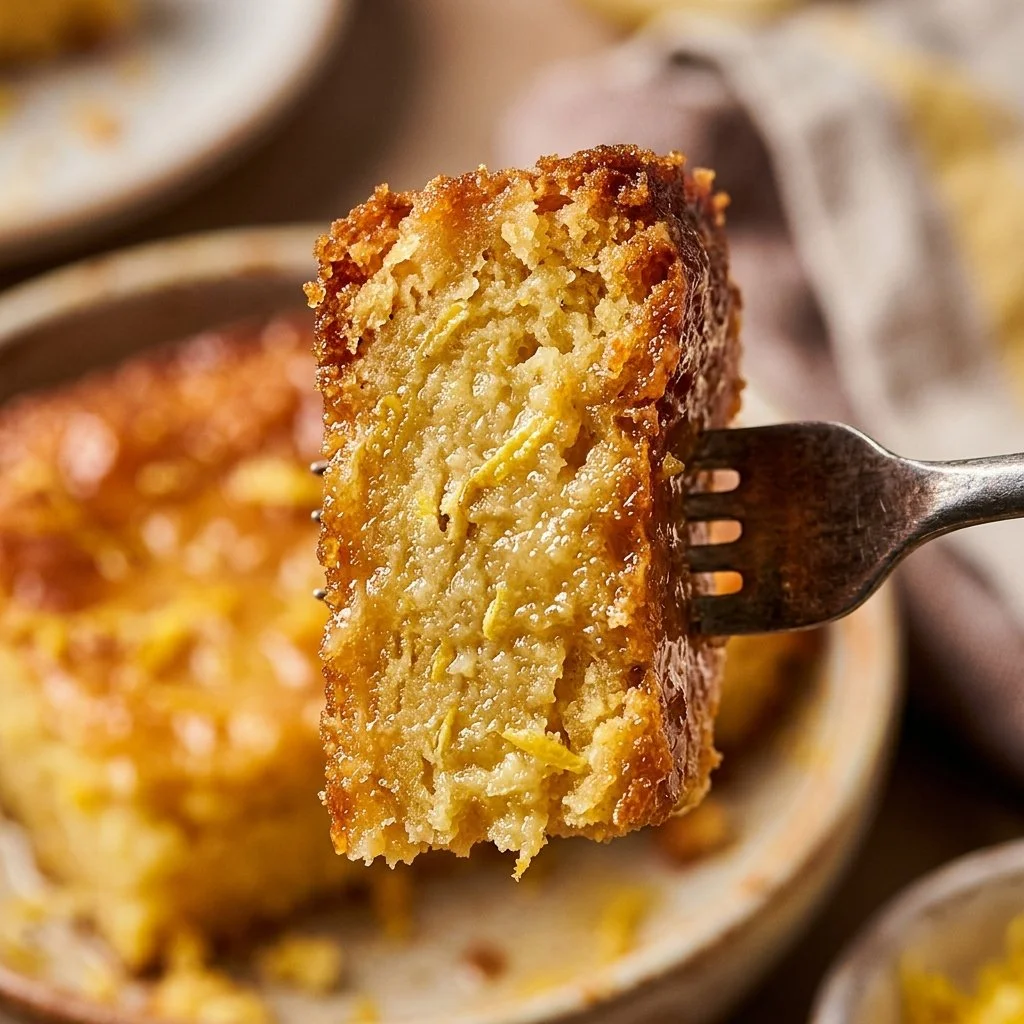 Delicious lemon blondie pudding served in a bowl with fresh lemon zest