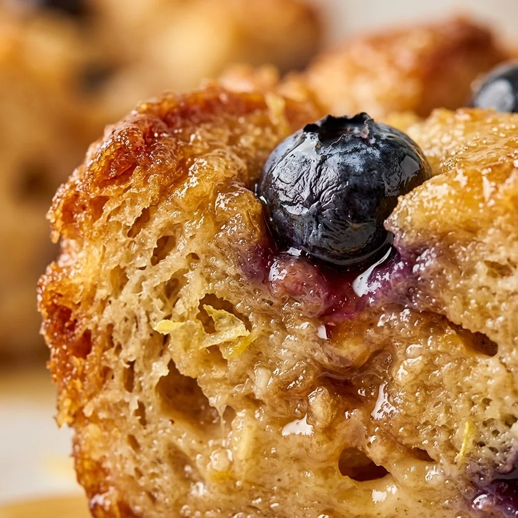 Lemon blueberry bread pudding garnished with fresh blueberries and lemon zest