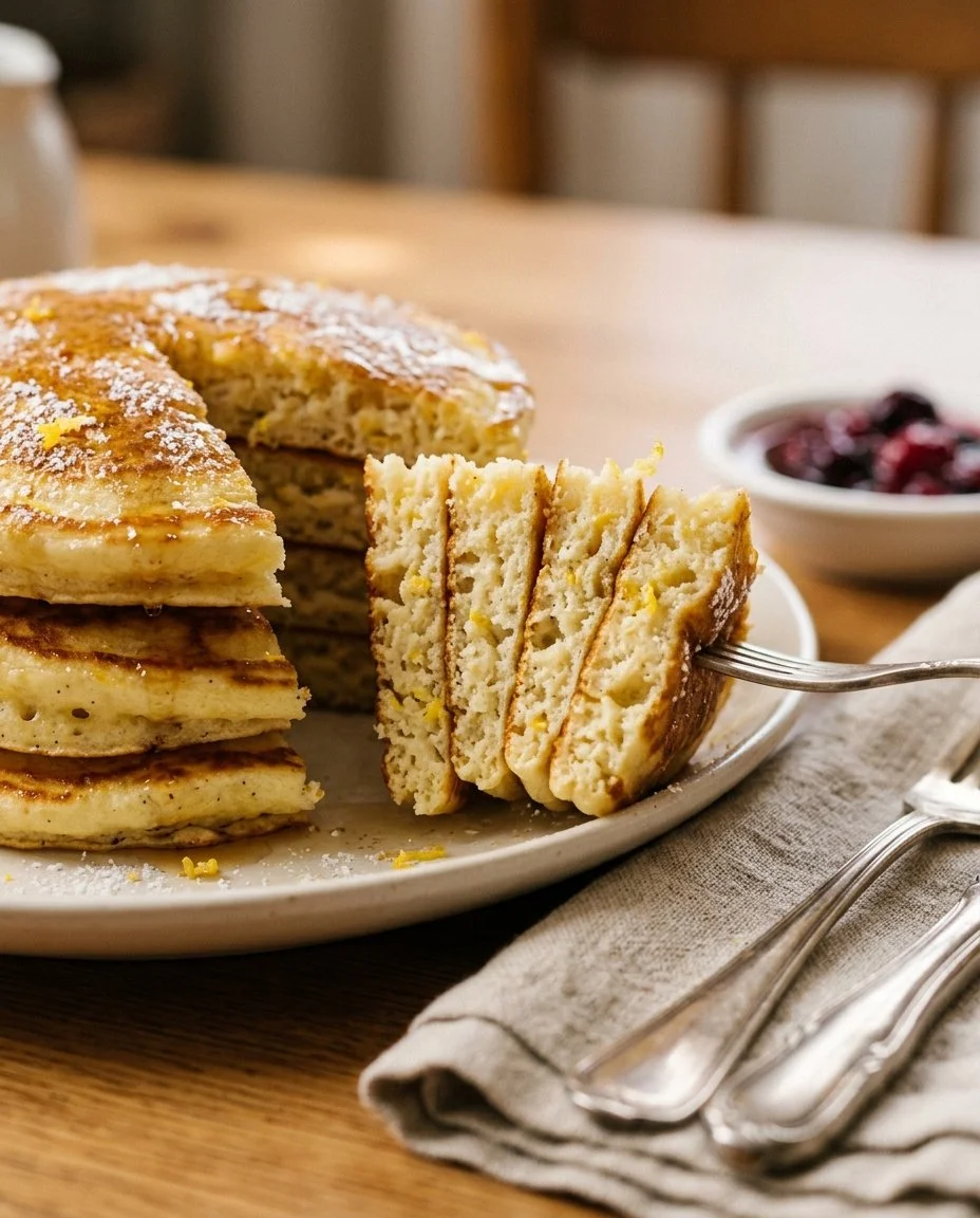 Fluffy Lemon Ricotta Pancakes served with fresh berries and syrup