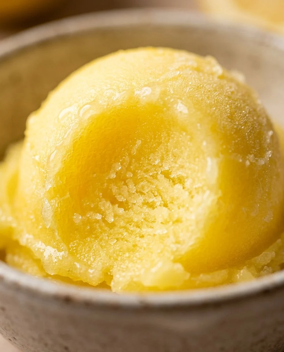 Homemade lemon sorbet in a bowl with fresh lemons beside it