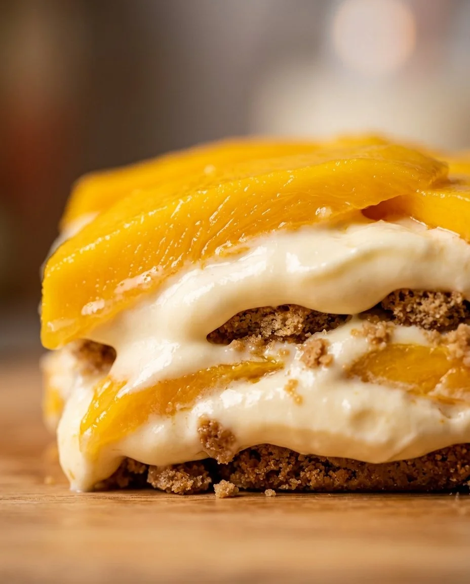 Delicious Mango Float dessert layered with mangoes and cream.