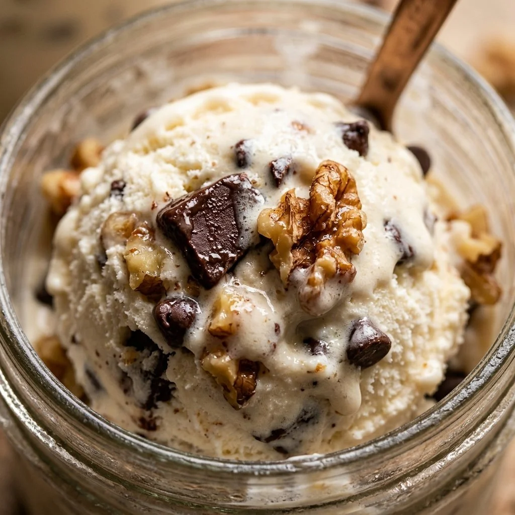 Homemade Mason Jar Ice Cream ready to enjoy in a rustic jar.