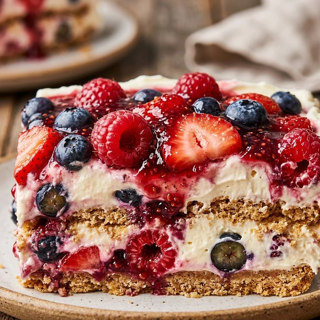No-Bake Berry Lasagna with fresh summer berries and creamy layers