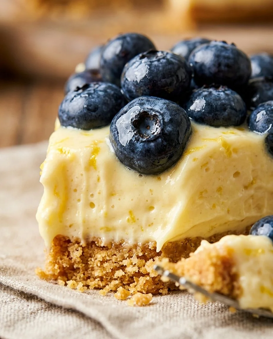 No-bake lemon blueberry cream cake topped with fresh blueberries.