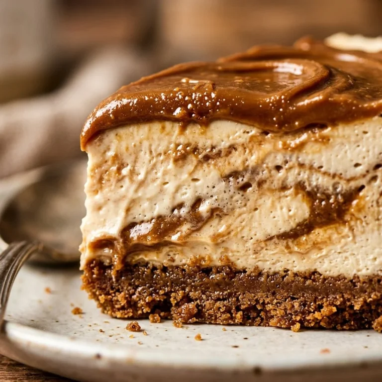 No-Bake Lotus Biscoff Cheesecake topped with crushed biscuits and caramel drizzle.