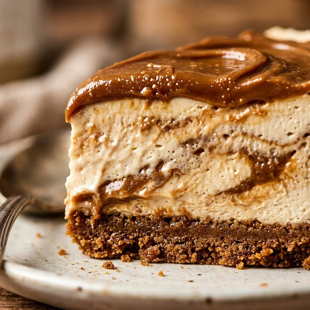 No-Bake Lotus Biscoff Cheesecake topped with crushed biscuits and caramel drizzle.