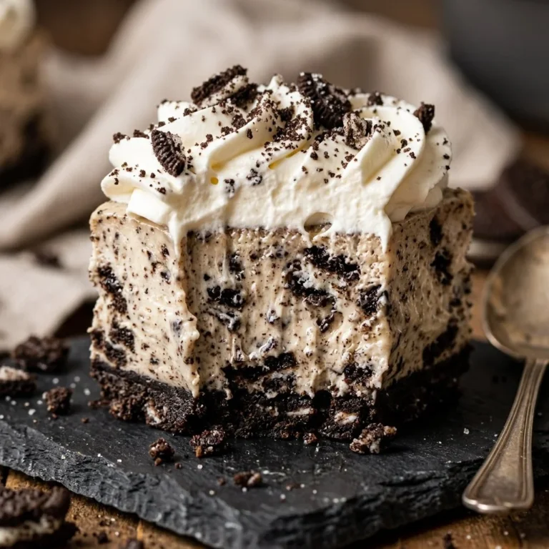 Slice of no-bake Oreo cheesecake bars with crumbled Oreos on top.