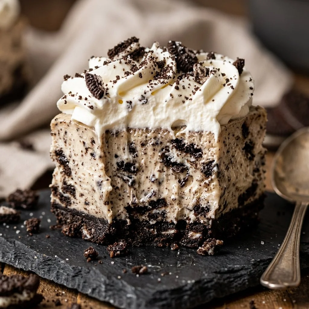 Slice of no-bake Oreo cheesecake bars with crumbled Oreos on top.