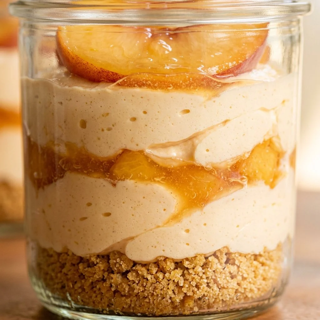 No-bake peach cheesecake served in jars, a delightful dessert recipe.