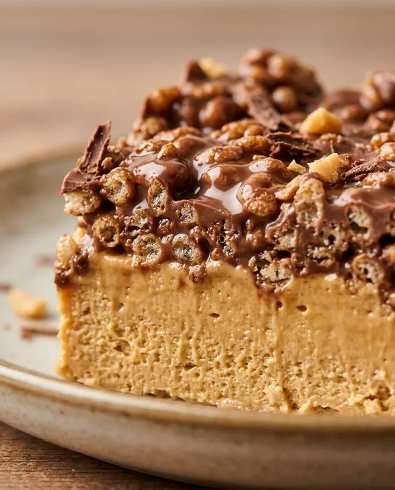 No-Bake Peanut Butter Crunch Cheesecake Bars topped with chocolate and peanuts