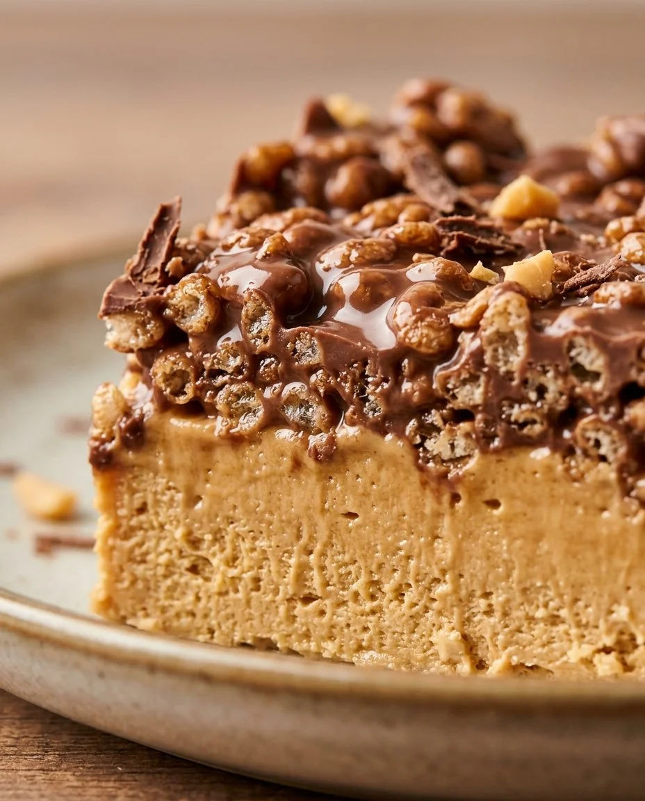 No-Bake Peanut Butter Crunch Cheesecake Bars topped with chocolate and peanuts