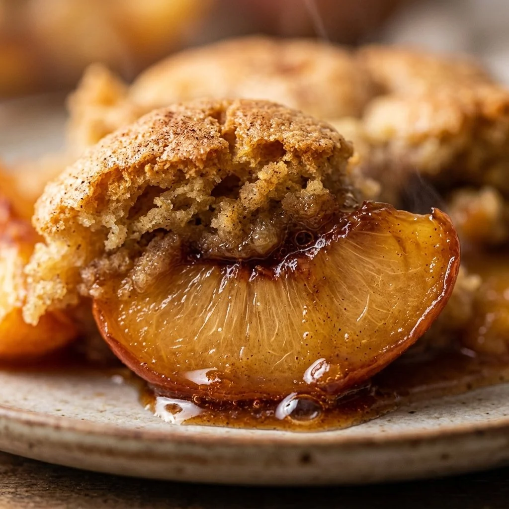 Peach cobbler dump cake served with ice cream on a plate