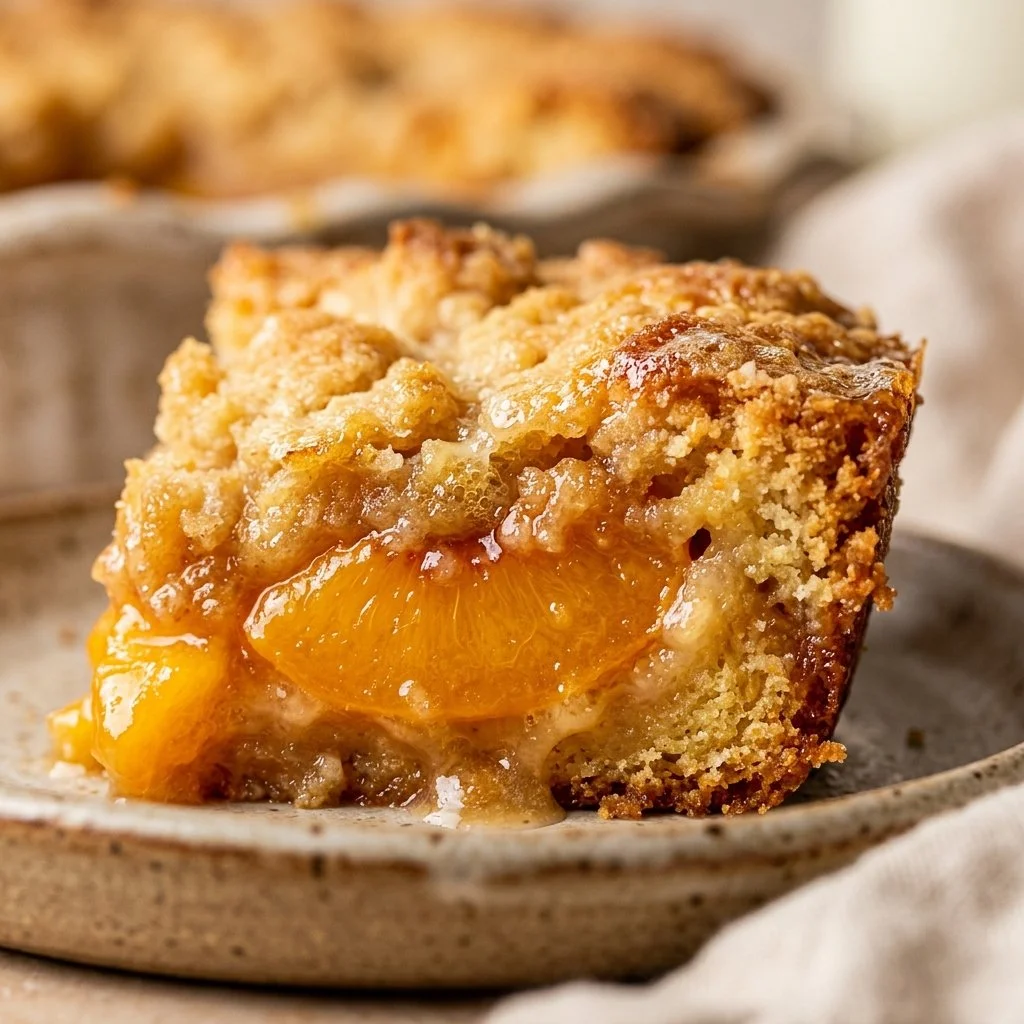 Delicious peach cobbler dump cake served in a baking dish