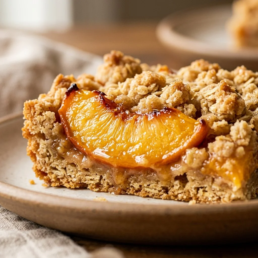 Freshly baked peach crumble bars with a golden topping