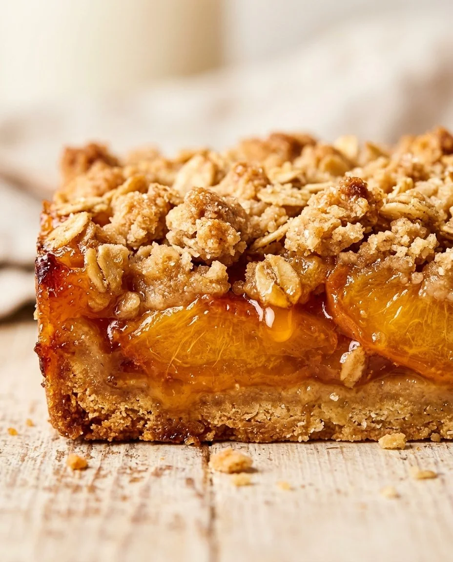 Delicious Peach Crumble Bars fresh from the oven with crumbly topping.