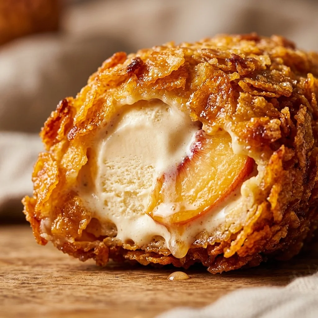 Delicious peach fried ice cream served in a bowl with toppings