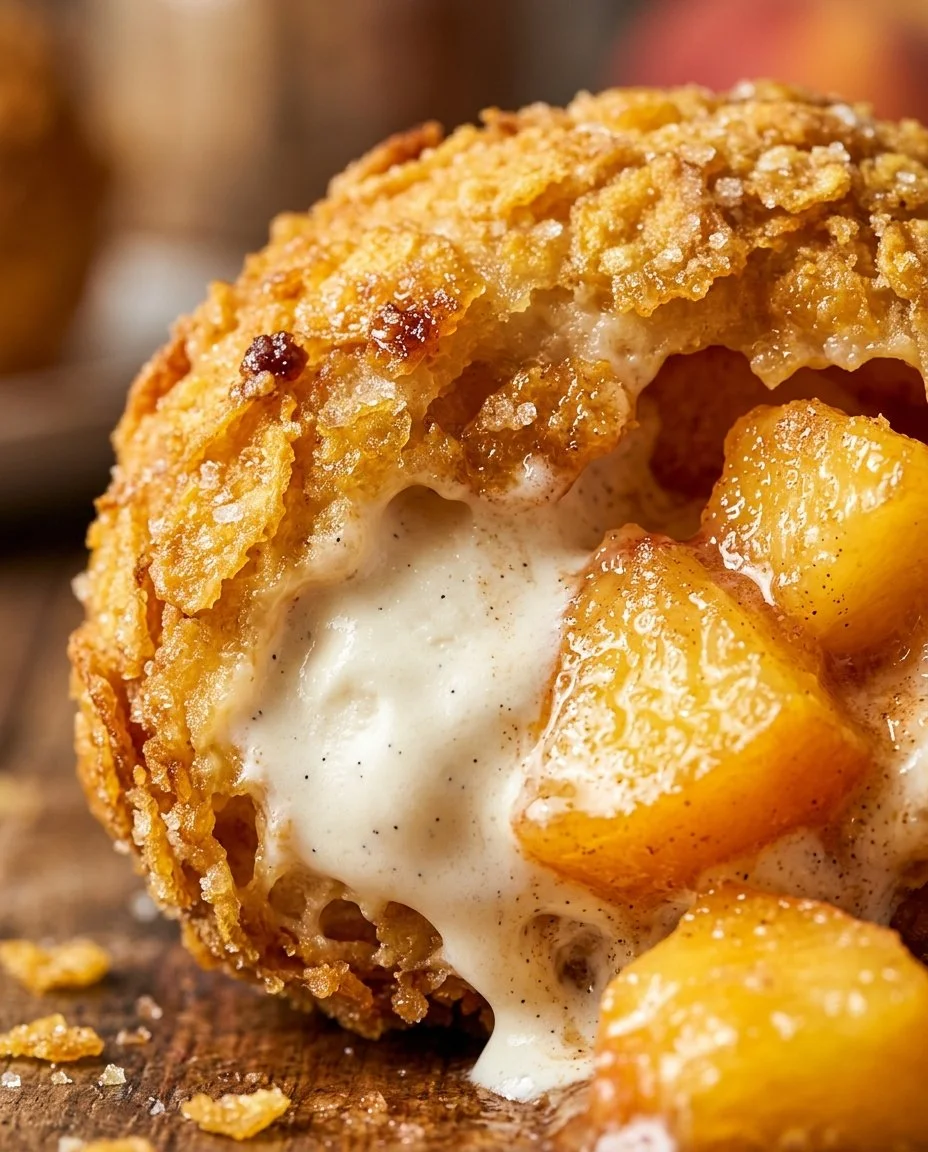 Delicious peach fried ice cream topped with chocolate sauce and nuts