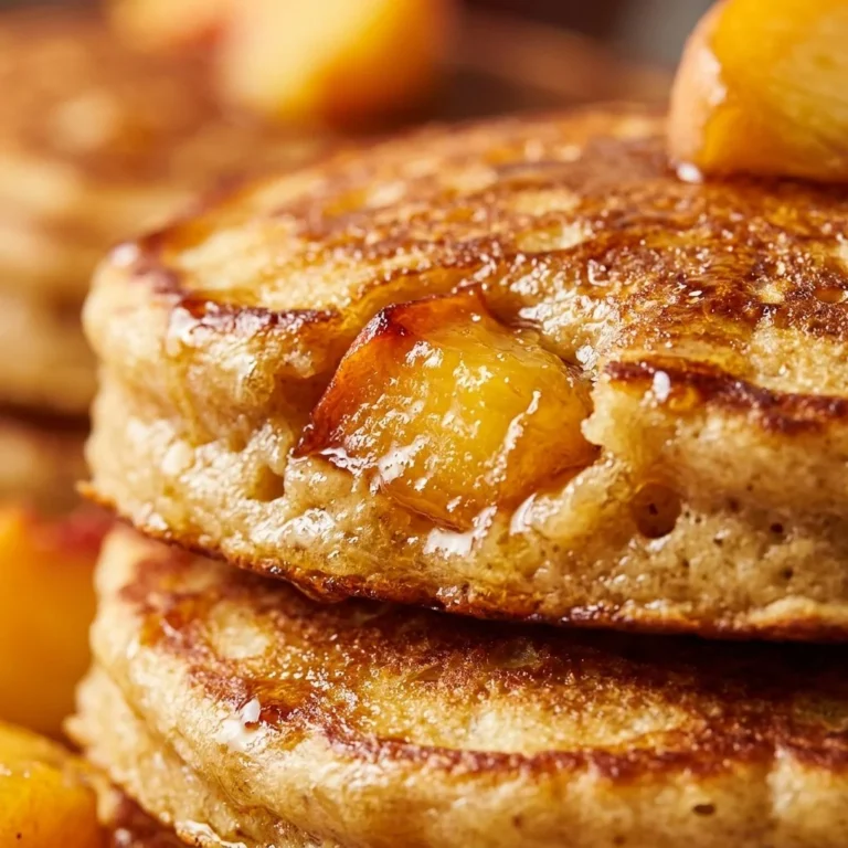 Fluffy peach pancakes topped with fresh peach slices and syrup