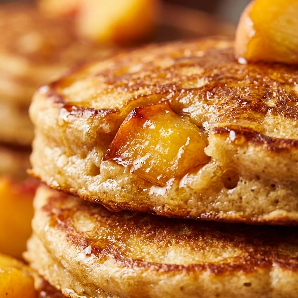 Fluffy peach pancakes topped with fresh peach slices and syrup